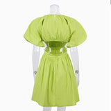 MQTIME  -  Green Puff Sleeve Elegant Woman Summer Shirt Dresses Female Zipper Fashion Spring Vintage Sexy Backless Casual Vestido  New