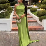 MQTIME  -  Women Ribbon Hanging Neck Long Dresses Solid Color Summer Sleeveless Backless Slim Halter Party Dress Female Elegant Satin Robe