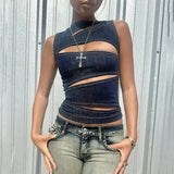 MQTIME  -  Casual Denim Crop Top Women Slim Hollow Out O-neck Vest Female Sleeveless Summer Stylish Tops Lady High Street Cool Club Party