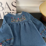 MQTIME  -  Girls Denim Dress Autumn Spring Long Sleeve Embroidery Floral Kids Dresses Fall Children Casual Dress Baby Girl Clothes 2-7Yrs