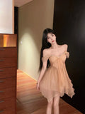 MQTIME  -  Mini Dresses Women Rhinestone Off Shoulder Bow Slim Backless Irregular Solid Backless Party Dress Elegant Ladies Sweet