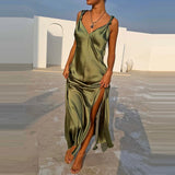MQTIME  -  Fashion Backless Hollow Holiday Dresses Sexy V-neck Side Split Bridesmaid Dress Summer Sleeveless Camisole Women's Casual Dress