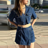MQTIME  -  High Street Lapel V Collar Blouse&Mini Skirt Denim Suit 2YK Style Short Sleeve Denim Two Piece 2025 Women Fashion Dresses Set