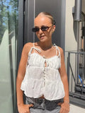 MQTIME  -  Women Fashion White Hollow Out Sling Top Sexy Tie Straps Button Front Peplum Hem Vest Summer Y2k Street Holiday Shirts