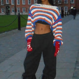  MQTIME  -  Fall Winter Striped Loose Knitted Pullover Sweaters Women Color Patchwork O Neck Long Sleeve Casual Jumpers Crop Tops