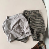  MQTIME  -  Children's Retro Striped Cotton And Linen Pant Spring Autumn New Japanese Boys And Girls Casual Loose Wide-Leg Pants WTP122