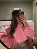 MQTIME  - Fashion O-neck Lantern Long Sleeve Sweater Casual Sweet Pink 3d Bow Women's Loose Pullover 2024 Lady High Street Streetwear