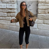 MQTIME  -  Chic Suede Short Jacket Woman Lapel Zipper Pocket Long Sleeves Solid Coats 2025 Autumn Casual Streetwear Lady New In Jackets