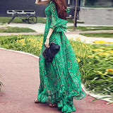 Mqtime Fashion Chiffon Print Half Sleeve Green Dress Women Spring Floral Ruffles Bohemian Long Dresses Female Casual V-Neck Maxi Dress