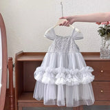 MQTIME  -  Summer Baby Girl Sequins Princess Dress Kids Sparkling Mesh Cake Skirt Grey Birthday High Quality Fashion Beautiful Dress