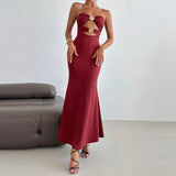 MQTIME  -  Trendy Skinny Metal Buckle Hollow Out Party Gown Sexy Strapless Twist Solid Evening Dress Elegant Lady Sleeveless One-piece Robe
