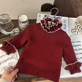  MQTIME  -  Toddler Girls Sweater Ruffle Collar Contrast Kids Baby Girls Knitwear New Winter Bell Sleeve Infant Baby Girls Pullovers