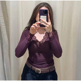  MQTIME  -  Slim Lace Patchwork Women's Top Sexy V-neck Long Sleeve Solid Female Pullovers Autumn Winter New Lady All-match T-shirts