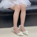 Mqtime Bow Wedges Shoes for Women Pearl White Y2k Lolita Slingback Shoes Women Kitten Heel Japanese School Shoes