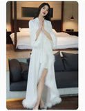 Mqtime Bridal Gown White Pearl or Feather Robes Nightdress Nightgown Women's Sleep Bachelorette Party Lounge Wedding Morning Kimono New
