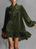  MQTIME  -  Spring Autumn Long Sleeve Elegant Velvet Bow Mini Dress Women's Clothing Casual Party Work Evening Office Lady Dresses