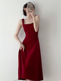 MQTIME  -  Elegant Women Red Pleated Slip Dress Summer New Slim A-Line Sleeveless Square Collar Midi Dress Evening Party Wedding Vestidos