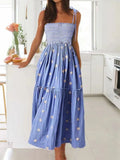 MQTIME  -  Strap Long Dress Summer Wrapped Embroidery Dress A-line Sunflower Design Ruffled Midi Length Vestidos Boho Robes