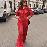 MQTIME  -  Striped Shirts Pants Sets Women 2 Pieces Single Breasted Long Sleeve Lapel Shirt Wide Leg Trousers Suits 2025 Summer Vacation