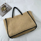  MQTIME  -  Women Large Capacity Hand Woven Straw Tote Bag Top Handles Simple Letter Embroidery Summer Beach Travel Shopping Handbag