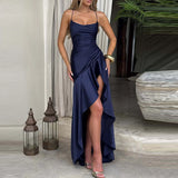 MQTIME  -  Luxury Irregular Solid Prom Gown Temperament High Waist Sleeveless Satin Dress Sexy Off Shoulder Slim Halter Long Robes