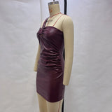 MQTIME  -  Clubwear Sexy Pu Leather Bodycon Dress Slim Slash Neck Sleeveless Mini Dresses For Women 2025 Summer Fashion Party Robes