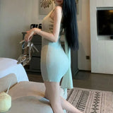 MQTIME  -  Women 2 Colors Asymmetric Halter Ribbed Knit Mini Dress Sash Cape Backless Summer Bodycon Skew Collar Club Elegant Short Dress