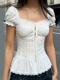 MQTIME  -  Y2k Lace Patchwork Solid Square Collar Sweet Puff Sleeve Ruffles Single Breasted Women Shirt