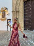  MQTIME  -  Women Fashion Dip-dye Stripe Halter Maxi Dress Elegant Sleeveless Twist Waist Tie Slim Slit Lady Summer Party Gown