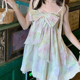 MQTIME  -  Woman Dress Sweet Elegant Floral Printed Lace Patchwork Sleeveless Bow Summer Fashion Party Mini Dresses Female Casual