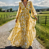 MQTIME  -  Elegant Flower Print Bohemian Party Dress Sexy V-neck Long Sleeve Pleated Long Dress Autumn Fashion Hight Waist Holiday Dresses