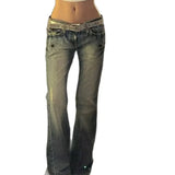 MQTIME  -  American Retro Low Waist Bell Bottom Jeans Women's Wear Faded Slimming Crack Design Heavy Duty Dragging Pants Straight Leg