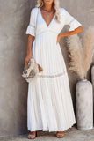 MQTIME  -  Boho Lace Dress V Neck Flare Sleeve Embroidery Maxi Dress A-line Elegant Party Dresses Mujer Vestidos