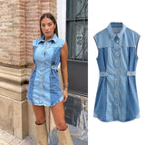 MQTIME  -   Women's 2024 Summer New Fashion Versatile Contrast Color Decorated Mini Denim Splicing Dress 5862/085