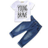 MQTIME  -  2Piece Summer Kids Clothes Boys Fashion Letter White Short Sleeve Tops+Jeans Korean Set Outfit Children Boutique Clothing