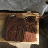  MQTIME  -  French Round Neck Pleated Cotton Crepe Muslin Dress Girls Autumn New Casual Loose Retro Brown Children's Dresses