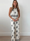 MQTIME  -  Print Top Pants Women Set O-neck Sleeveless Loose Tops Wide Leg Trousers Female Chic Sets Summer Vacation Casual Lady Suit