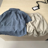 MQTIME  -  Boys' Suit Spring and Summer New Childrens Wear Korean Boy Baby Striped Short-sleeved Lapel Shirt Loose Shorts Two Sets