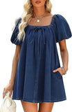 MQTIME  -  Summer New Fashion Square Neck Women Bubble Sleeve Dress Simple Strap Up Elegant Female Denim Short Dresses