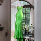 MQTIME  -  Elegant Neon Green Women's Spaghetti Strap Satin Mermaid Evening Dresses Rhinestone Diamond Decor Sleeveless Formal Party Gown