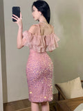 MQTIME  -  Summer Pink Sequins Patchwork Mesh Ruffled Sexy Sling Dress Women Fashion International Brand Dress 2024 Elegant Bodycon Dresses