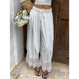 MQTIME  -  Women Mesh See-through Floral Lace Patchwork Ruffle Hem Bloomer Pants Loose Drawstring Elastic Waist Cropped Trousers