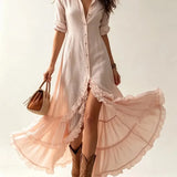 MQTIME  -  Women Long Sleeve Button Shirt Dress New Solid Down Ruffle High Low Hem Flowy Maxi Dress Casual Beach Vacation Boho A-Line Dress