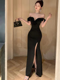 MQTIME  -  France Vintage Elegant Evening Party Dress Women Y2k Ruffled One Shoulder Strapless Midi Dress Famale Solid Korean Chic Clothes