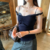 MQTIME  -  Korean Casual Summer Slash Neck Plaid Patchwork Y2k Slim Waist Tanks