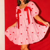 MQTIME  -  Women's Cute Satin Bownot Tied Heart Print Puff Short Sleeve Ruffle Hem Tiered Flowy Loose A-Line Mini Babydoll Dress