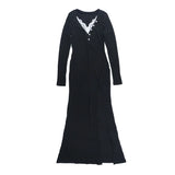 MQTIME  -  Lace Patchwork Ribbed Bodycon Maxi Dress Women Fashion Sexy Buttons V Neck Full Sleeve High Slit Casual Streetwear Long Robe