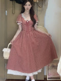 MQTIME  -  Elegant Red Plaid Midi Dresses for Women Lace Patchwork V-neck A-line Sweet Casual Summer New Party Dress Kawaii Vestidos Mujer