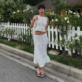  MQTIME  -  Casual Women's Skirt Set O-neck Sleeveless Top Long Skirts Female Lace Sets Summer Vacation Holiday Fashion Lady Outfit
