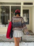 MQTIME  -  Womens Scoop Neck Knit Pullover Indie Sleaze Boho Nostalgia Aesthetic Long Sleeve Jumper Top Variegated Horizontal Striped Indigo Blue Rust Camel Sand Fuzzy Mohair Blend Dropped Shoulder Slouchy Relaxed Drape For A
